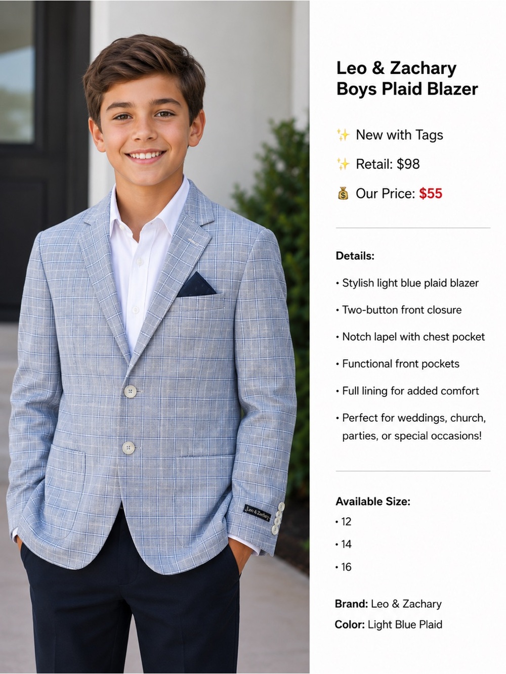 Boys Light Blue Plaid Blazer